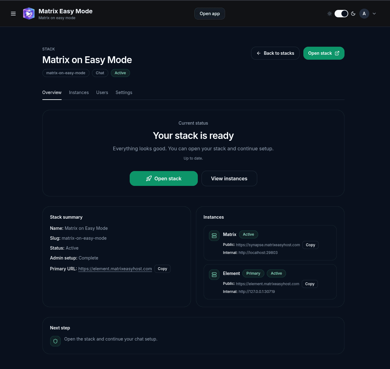 MatrixEasyMode showing a Matrix stack ready to open